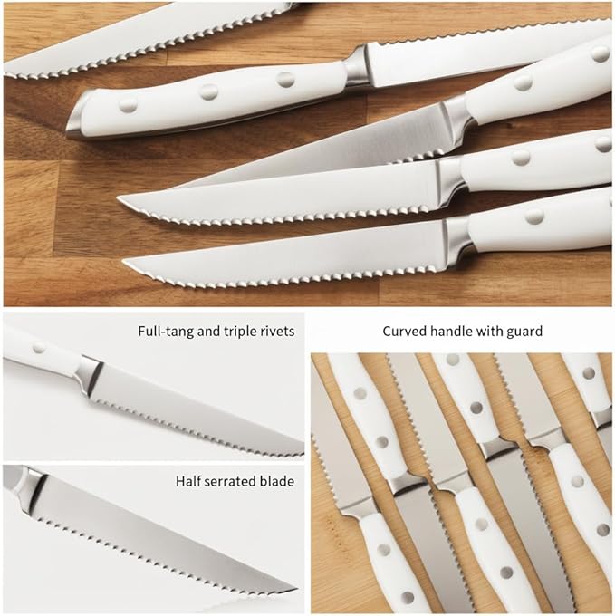 Alata 6-Piece White Steak Knives Set, Full-Tang Serrated Sharp Knives