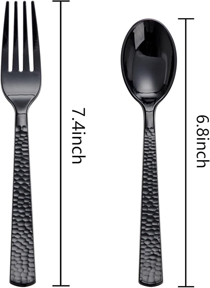 KIRE 400PCS Black Spoons and Forks Set - Black Plastic Silverware for Party