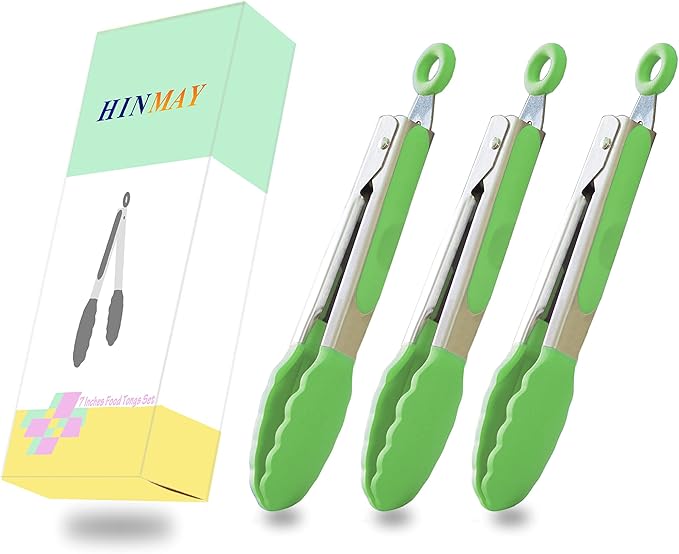 HINMAY Mini Tongs with Silicone Tips 7" Cooking Tongs, Set of 3 (Green)