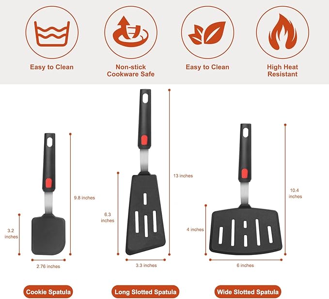 HOTEC Silicone Spatula Turner Set of 3, Heat Resistant 600°F & BPA-Free Flexible Rubber Spatulas for Nonstick Cookware, Kitchen Utensils for Flipping Eggs, Fish, Burgers, Pancakes, Cookie, Crepes