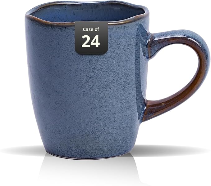 Organic Shape Highland Ceramic Mug, 24pcs 12oz Handmade Reactive Glaze Stoneware Coffee Mug with Wavy Edge, for Kitchen, Microwave & Dishwasher Safe, Scratch Resistant-Blue