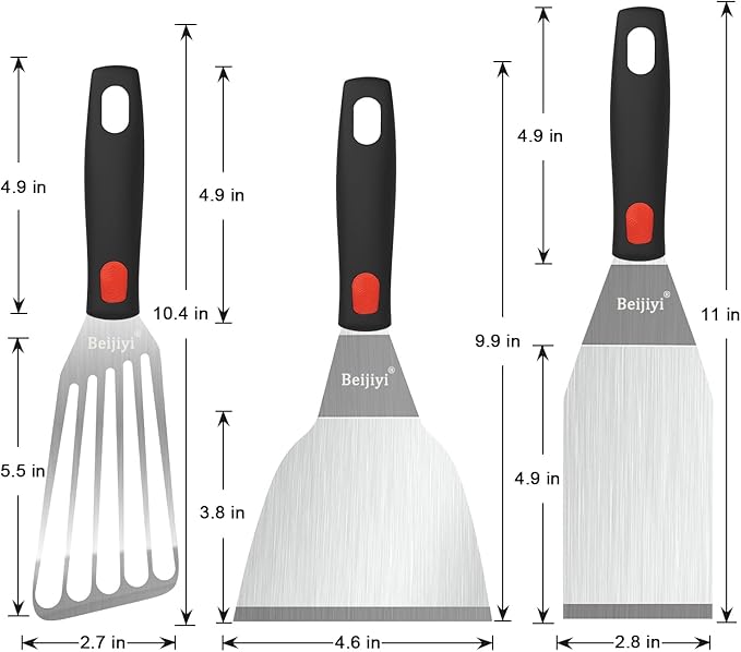 Beijiyi 3-Piece Metal Spatula for Cast Iron Skillet, Sturdy Stainless Steel
