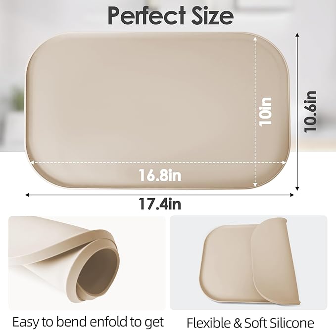 Silicone Coffee Maker Mat with Lip for Countertops, 17.4'' x 10.6'', Khaki