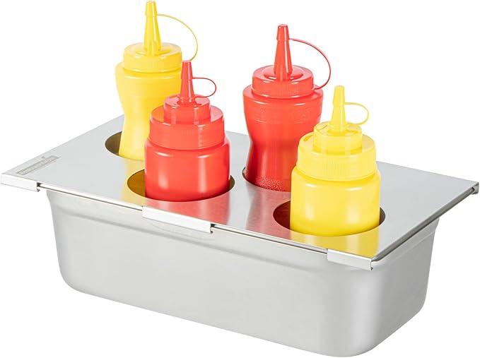 Restaurantware Squeeze Bottle Organizer Top 1 Count 12.79 x 7.09 x 0.39 Inches Stainless Steel Bottle Holder - Four Hole Condiment Rack - Silver Kitchen Organizer for Food Prep
