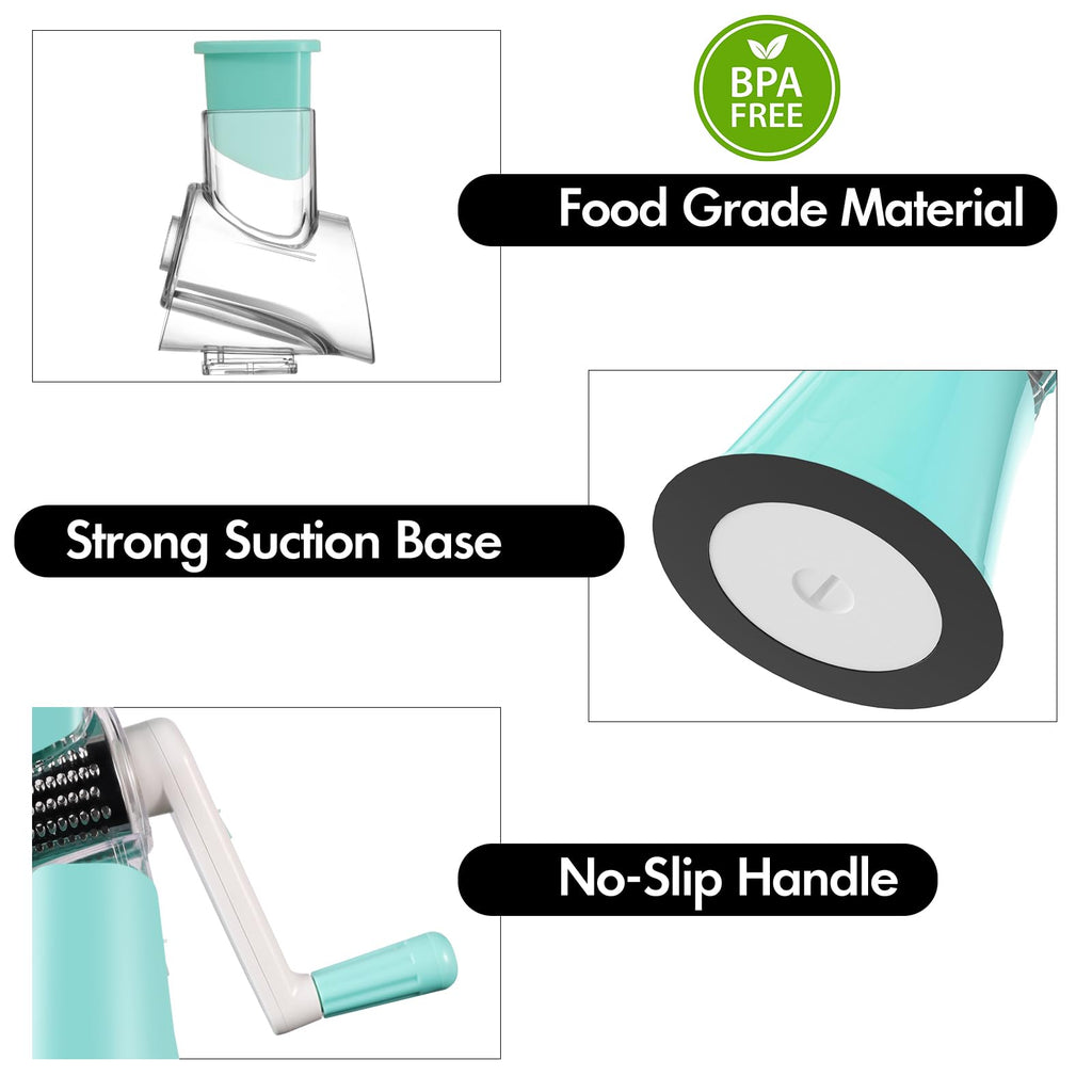 Ancevsk Cheese Grater Hand Crank, Rotary Vegetable Shredder with Handle and Strong Suction base, 3 in 1 Kitchen Speed Spin Veggie Slicer Nut Grinder for Pizza Top, Hash brown, Salad and More (Blue)