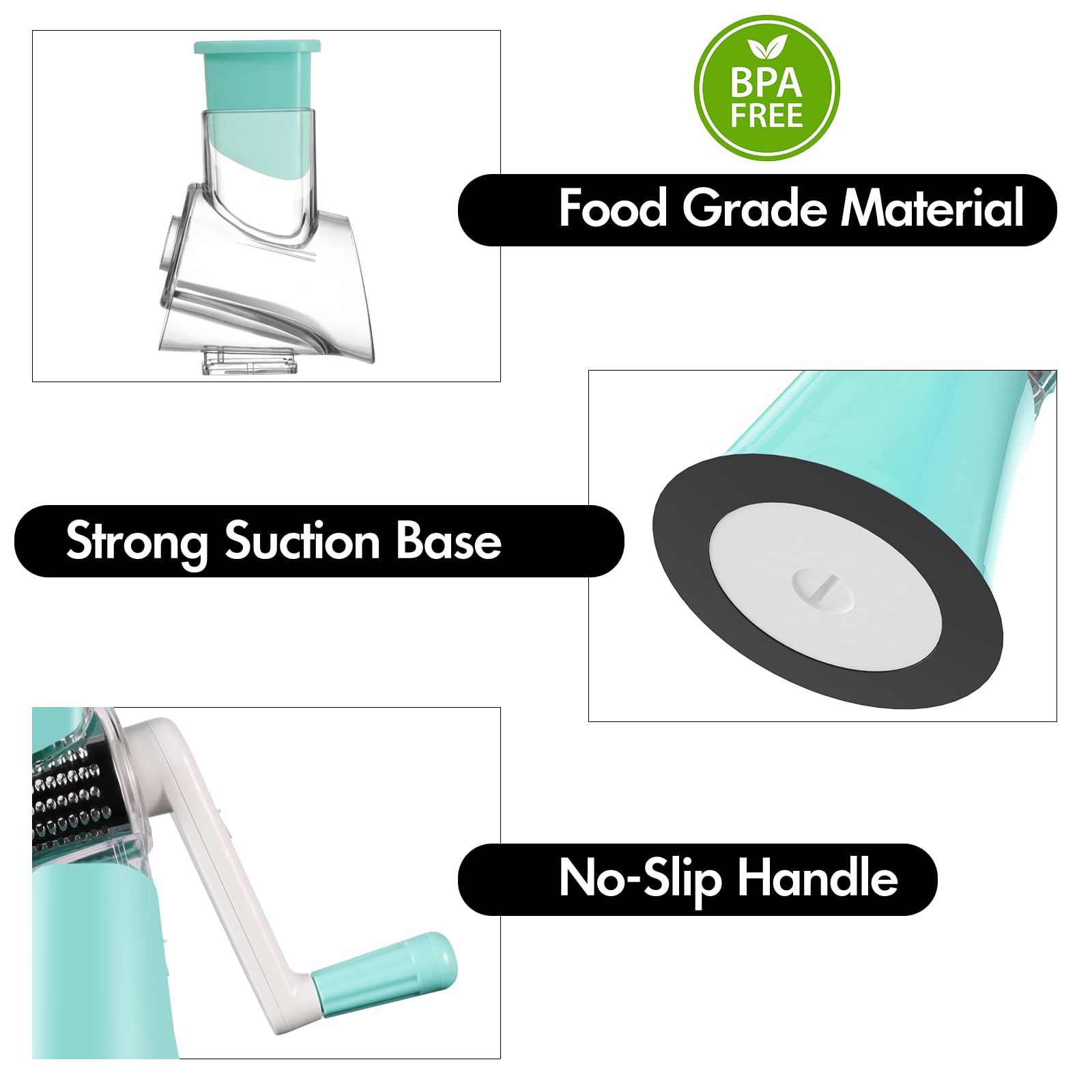 Ancevsk Cheese Grater Hand Crank, Rotary Vegetable Shredder with Handle and Strong Suction base, 3 in 1 Kitchen Speed Spin Veggie Slicer Nut Grinder for Pizza Top, Hash brown, Salad and More (Blue)