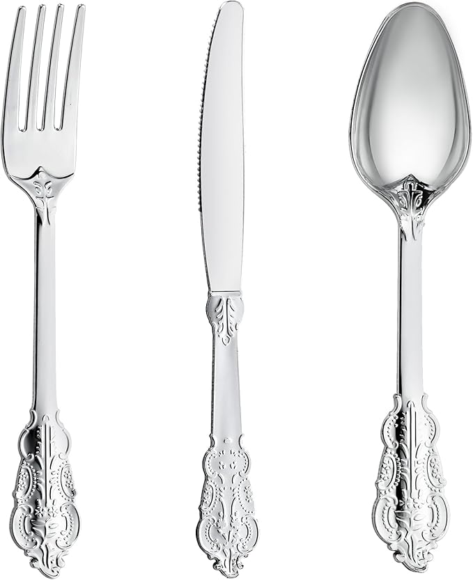 N9R 300PCS Silver Plastic Silverware, Vintage Disposable Utensils & Cutlery