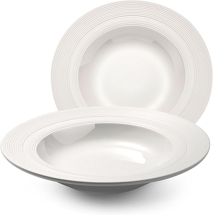 9.5" Wide-Rim Pasta Bowl Set of 2, Cream White Ceramic Shallow Bowl with Textured Grooved Rim, Modern Restaurant-Style Dinnerware for Pasta, Salad & Balanced Meals, Dishwasher & Microwave Safe