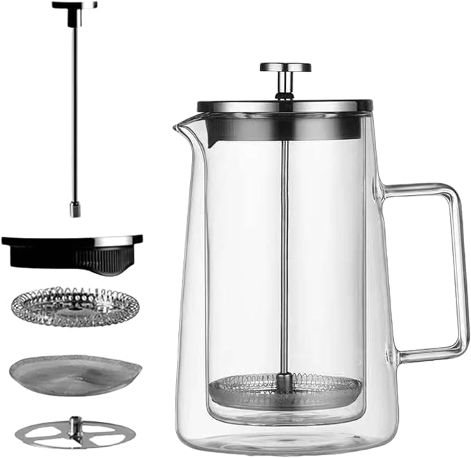 PanSukided French Press Coffee Maker 34Oz (1 Liter), DoubleWall Insulated Borosilicate Glass, Heat-Resistant Design, Stainless Steel Filter for Coffee, Tea & Cold Brew