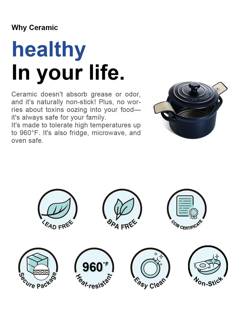 LE TAUCI 3 QT Ceramic Bread Baker with Lid for Sourdough, Covered Bread Baking Pot with Natural Steam Retention, Oven Safe to 500°F, Silicone Bread Sling Included, Midnight Blue