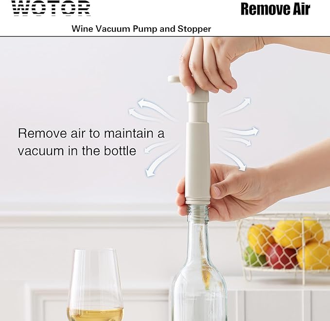 WOTOR Wine Saver Vacuum Pump with 20 Stoppers, Wine Stopper & Preserver, Reusable Bottle Sealer Keeps Fresh, Ideal Accessories Gift, Flat Handle (Cream)