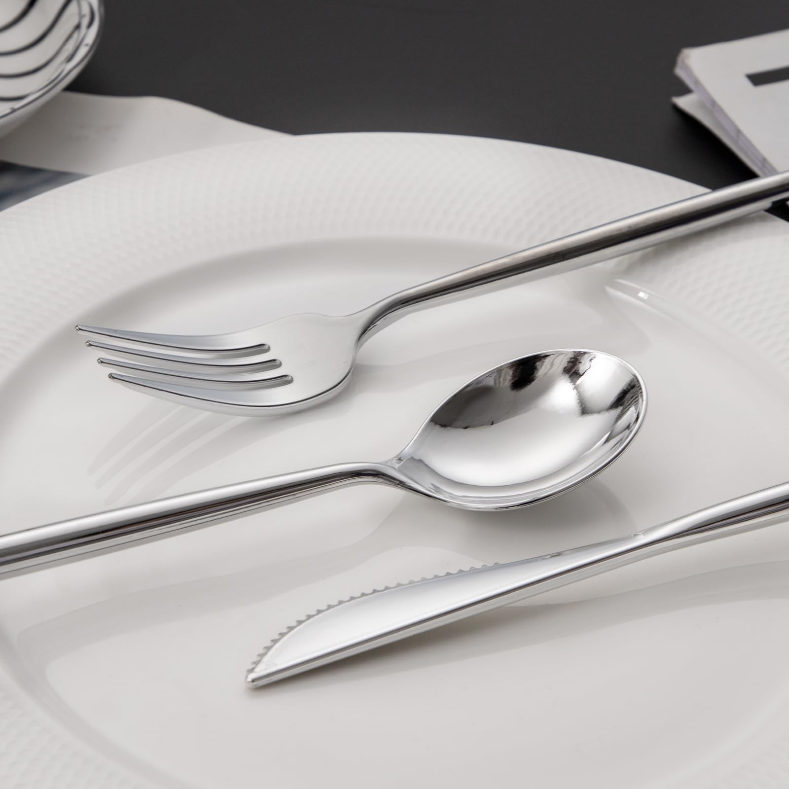 LIYH 102 Pcs Silver Plastic Silverware - Heavyduty Plastic Cutlery Set Disposable Utensils Flatware Set Knives Forks Spoons Disposable Cutlery Mothers Day