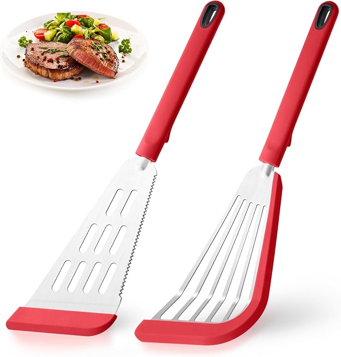 2-Piece Silicone Fish Spatula for Nonstick Cookware,Thin Slotted Turner,Red