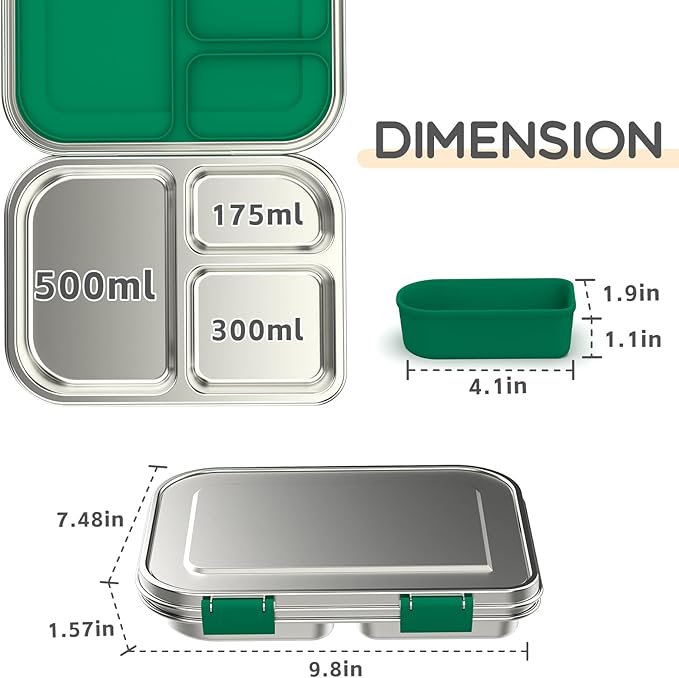 BOSEDSANG Stainless Steel Kids Leak-Resistant Bento Lunch Box, 3-Compartments with Silicone Container, Dishwasher-Safe, Child-Friendly Design for School, Picnics & Travel,BPA-Free (Green)