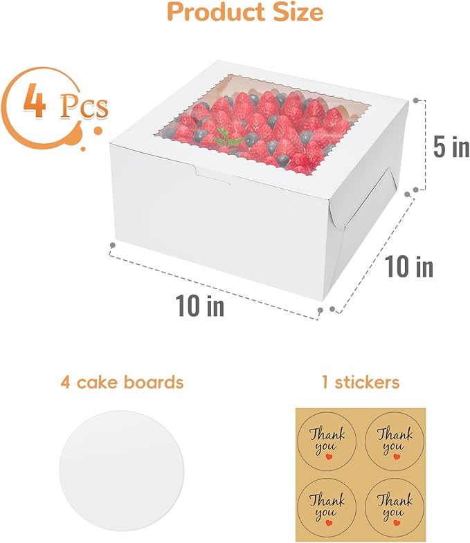 EQOREIIN 4Pack 10 inch Small Cake Boxes with Cake Board and Stickers