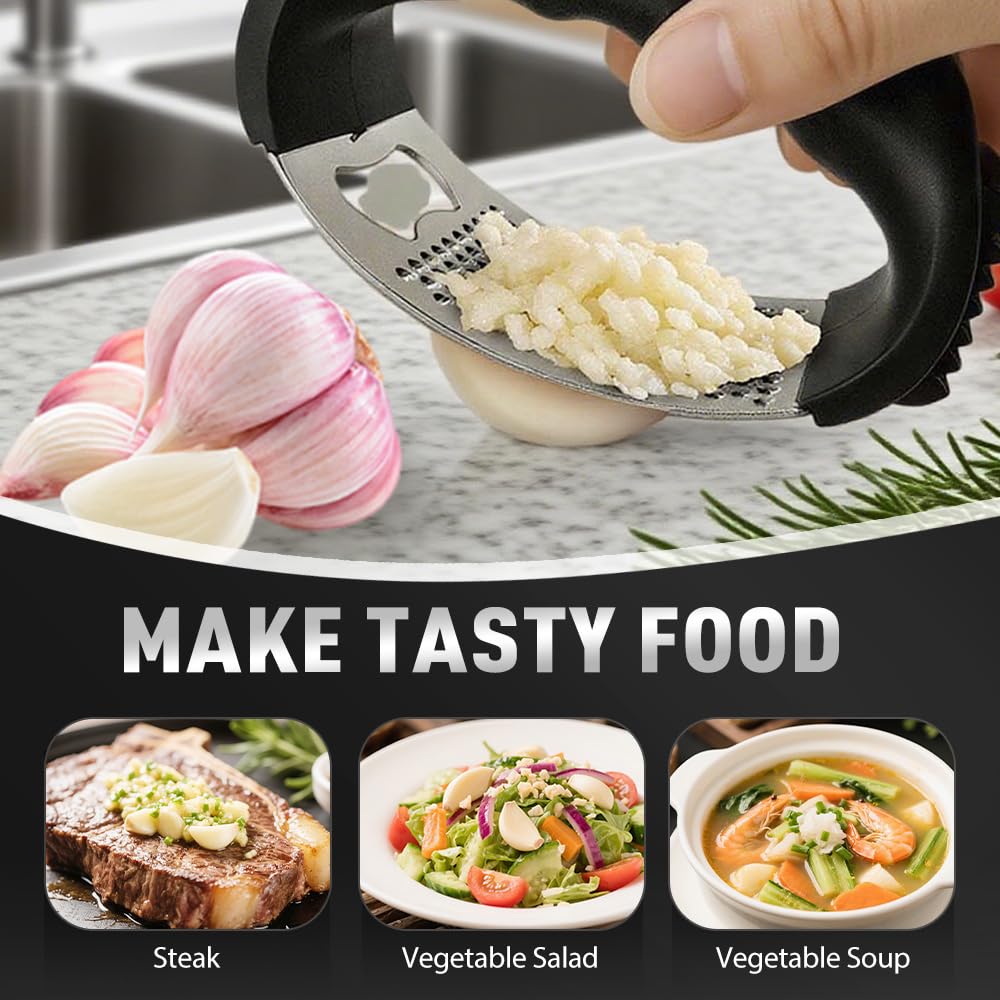 Stainless Steel Garlic Press Rocker, 2025 New Garlic Mincer and Garlic Crusher, Easy-Squeeze Garlic Tool with Peeler and Cleaning Brush for Smashing Garlic (A2-3Pcs)