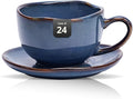 Organic Shape Highland Ceramic Coffee Cup and Saucer, 24pcs 8oz Handmade Reactive Glaze Stoneware Cup and Saucer with Wavy Edge, for Kitchen, Microwave & Dishwasher Safe, Scratch Resistant-Blue