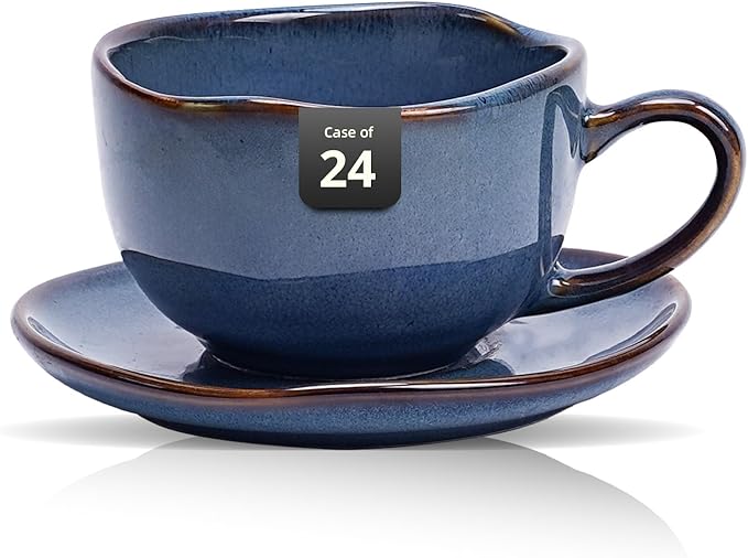 Organic Shape Highland Ceramic Coffee Cup and Saucer, 24pcs 8oz Handmade Reactive Glaze Stoneware Cup and Saucer with Wavy Edge, for Kitchen, Microwave & Dishwasher Safe, Scratch Resistant-Blue
