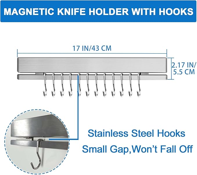 HomeSimplex 17 Inch Magnetic Knife Holder for Wall, Adhesive Knife Magnetic Strip No Drilling with 12 Hooks, Powerful Magnetic Knife Strip, Magnetic tool Holder for Kitchen Knives & Utensils (Silver)