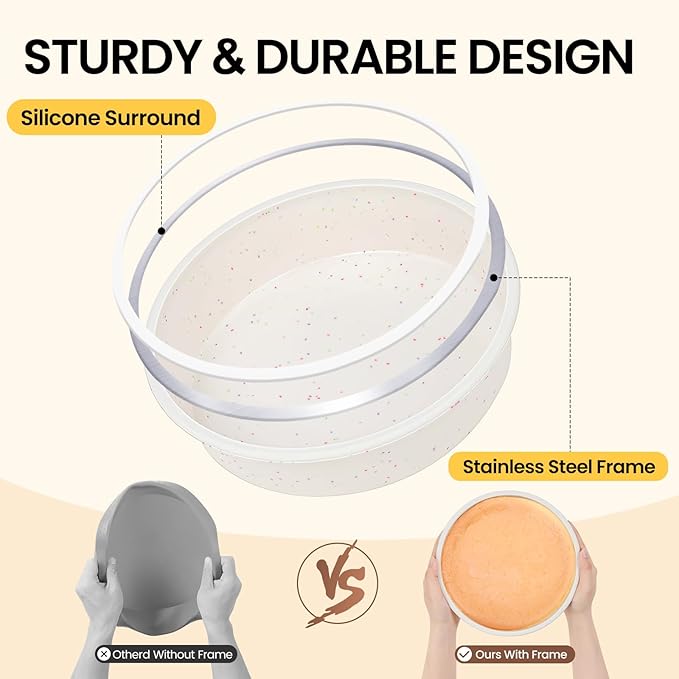 Vinino 8 Inch Round Cake Pan Set, 3 Pack Silicone Mold with Steel Frame