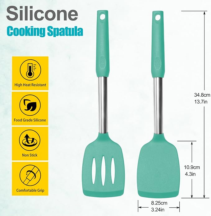 2 Pack Spatulas, Solid & Slotted Silicone Spatula Set, Stainless Steel Handle Coated with Silicone, Non Stick Turners, Heat Resistant Rubber Spatulas for Fish, Eggs, Pancakes, WOK, Teal