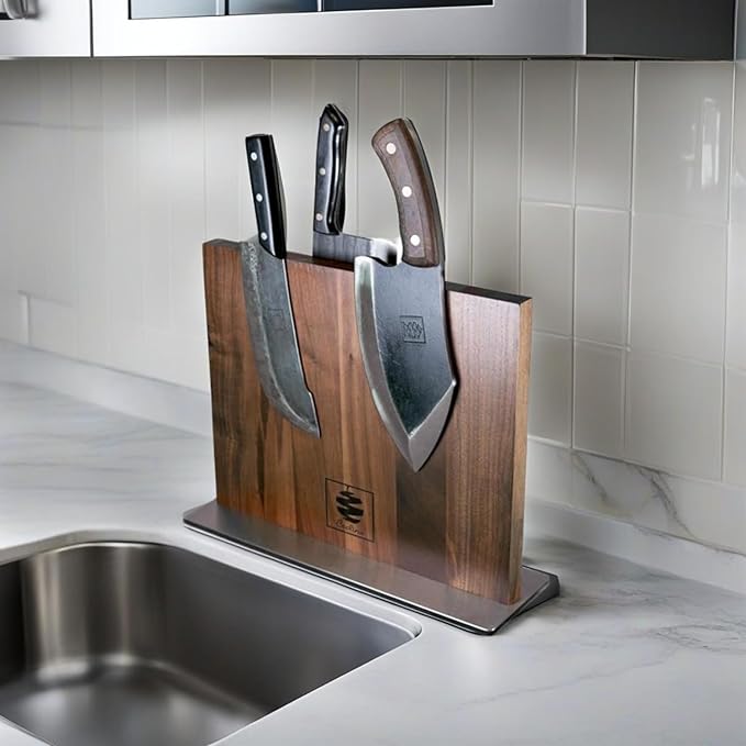 COOLINA Walnut Magnetic Knife Holder, Knife Block Stand with Steel Base