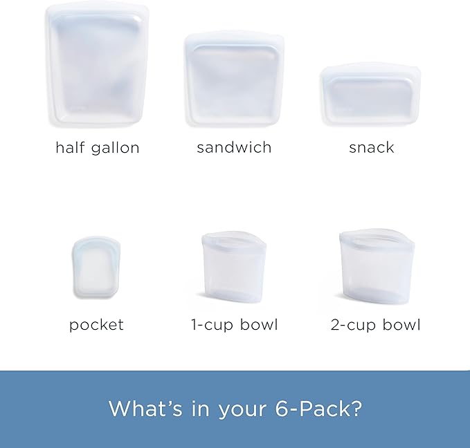Stasher Premium Reusable Silicone Food Storage Bags, 6-Pack, Clear