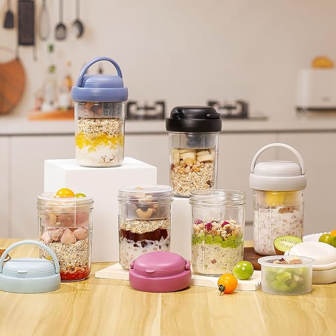 UWILLION 4 Pack Overnight Oats Containers with Handles, 16 oz Glass Mason Jars with Lids, Folding Spoons & Topping Compartments, Yogurt Parfait Cups for Weekly Meal Prep, Chia Pudding & Snacks