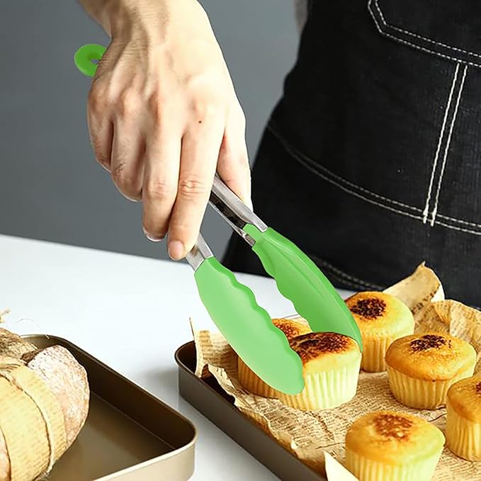 HINMAY Mini Tongs with Silicone Tips 7" Cooking Tongs, Set of 3 (Green)
