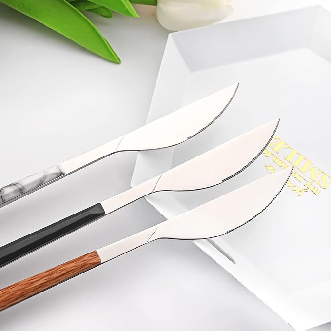 Snplowum 20 Piece (4 Set) Silver Stainless Steel Tableware With Wooden Handle, Wedding Cutlery And Daily Use, Silverware For Home Restaurant Party, Mirror Finished