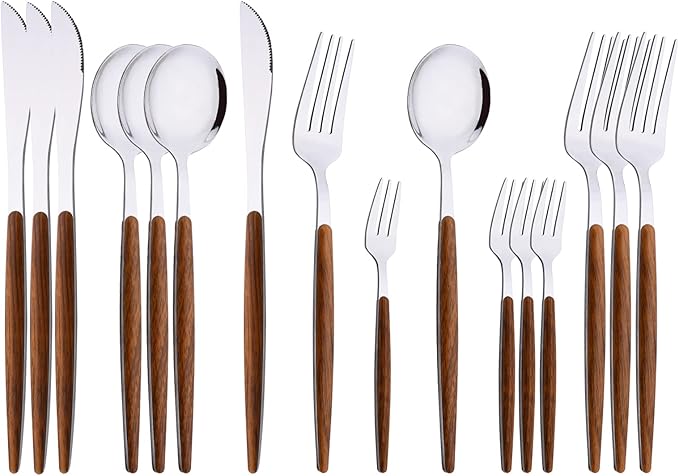 Uniturcky 16-Piece Silverware Set with Cake Fork, Silver Stainless Steel Flatware Cutlery, Eating Utensils with Wooden Effect Handle, Includes Knife, Fork, Spoon, Mirror Finish, Dishwasher Safe