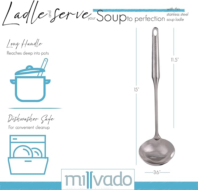 Soup Ladle, PrStainless Steel Ladle, 15" Ladles for Serving or Cooking, Premium Quality, Dishwasher Safe, Heavy Duty Durable Metal, 4 Ounce Kitchen Ladel