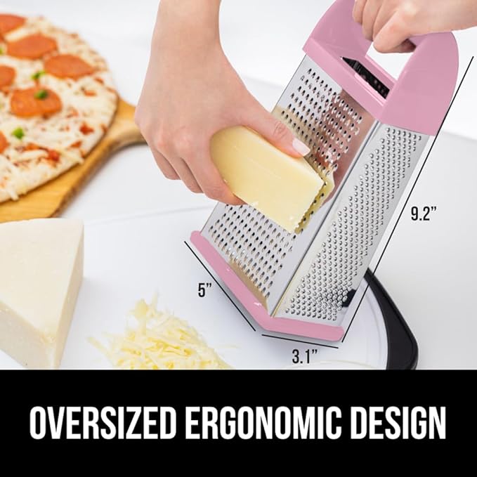 GORILLA GRIP® XL 4-Sided Stainless Steel Cheese Grater With Measurement Container, BPA-Free Box Grater, Slip Resistant Base, Grate Hard Parmesan, Shred Veggies, Zest Citrus, Dishwasher Safe, Pink