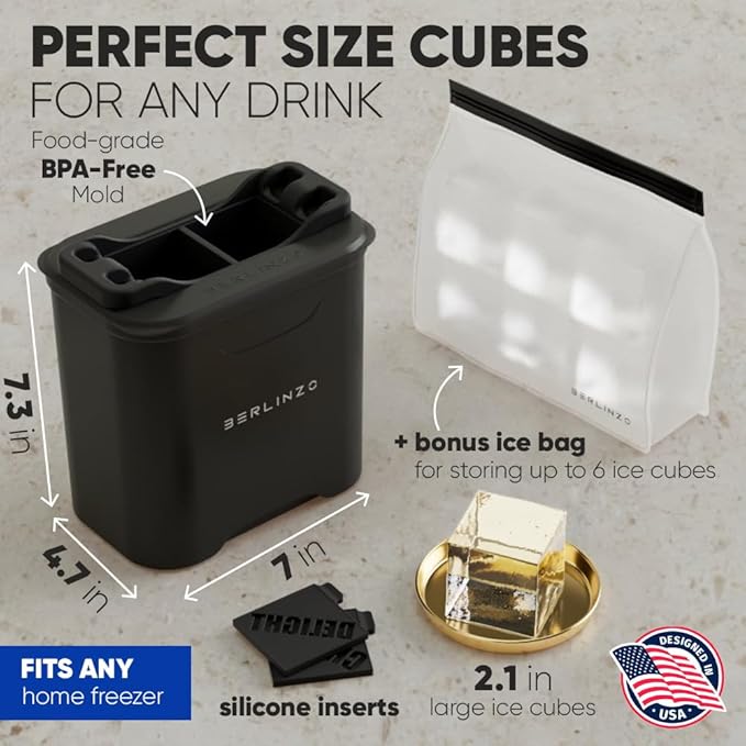 Berlinzo Clear Ice Cube Maker Mold - 2 2.1in Whiskey Squares, Non-Electric