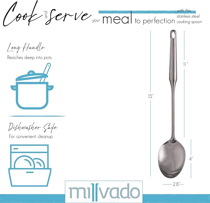 Millvado Stainless Steel Big Cooking Spoon, Kitchen Utensils and Gadgets, 15 Inch Large Spoon For for Cooking, Basting, Serving, Dishwasher Safe Metal Utensil, Durable, Solid Construction