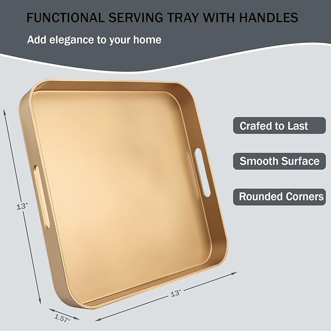SforGUVA Square Gold Decorative Serving Tray with Handles, Versatile Ottoman Tray for Coffee Table, Entertaining, Outdoor Patio, Living Room, 13”*13”*1.6”