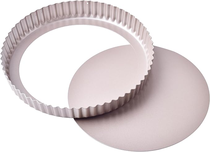 Bakeley 11-Inch Round Tart Pan with Loose Removable Bottom, Non-Stick Carbon Steel Quiche Pan for Oven Baking (Champagne Gold)