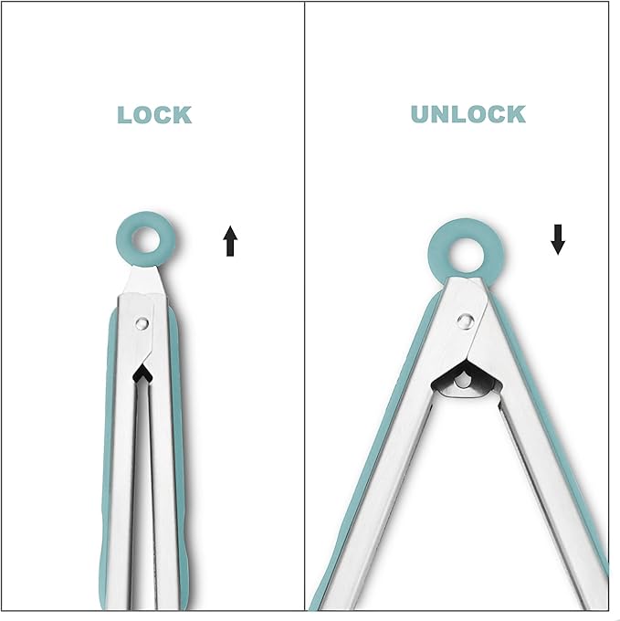 Kitchen & Grill Tongs Set of 2, 304 Stainless Steel, 9 & 12 Inch, Aqua Sky