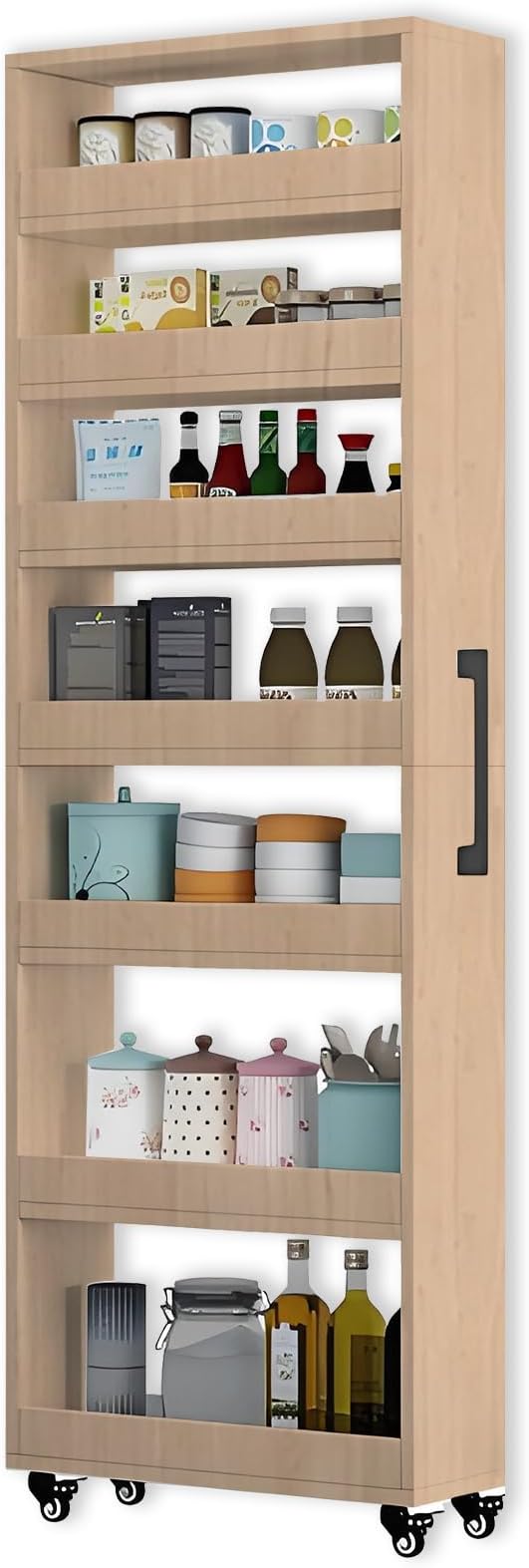 MINGRUIYU 7-Tier Slim Storage Cart, Wooden Rolling Pantry Cabinet with Wheels, Narrow Shelf Organizer for Kitchen, Bakers Rack, Dining Room, Closet, Small Spaces Light Walnut 47.2" H*7.8" W*23.6" D