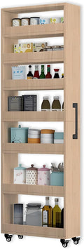 MINGRUIYU 7-Tier Slim Storage Cart, Wooden Rolling Pantry Cabinet with Wheels, Narrow Shelf Organizer for Kitchen, Bakers Rack, Dining Room, Closet, Small Spaces Light Walnut 47.2" H*7.8" W*23.6" D