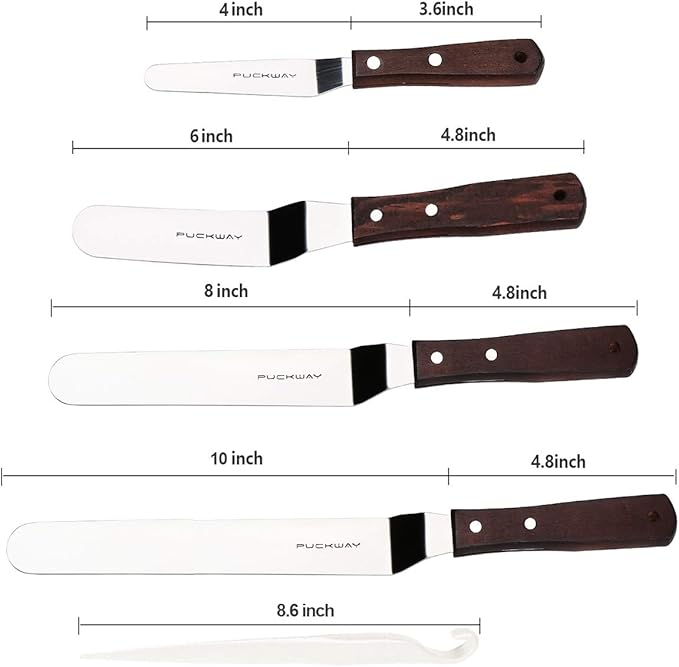 PUCKWAY 4 PCS Cake Decorating Icing Spatula set with 4, 6, 8 & 10 Inch Stainless Steel Blade, Wood Handle Frosting Spatulas and Cake Stripping Tool