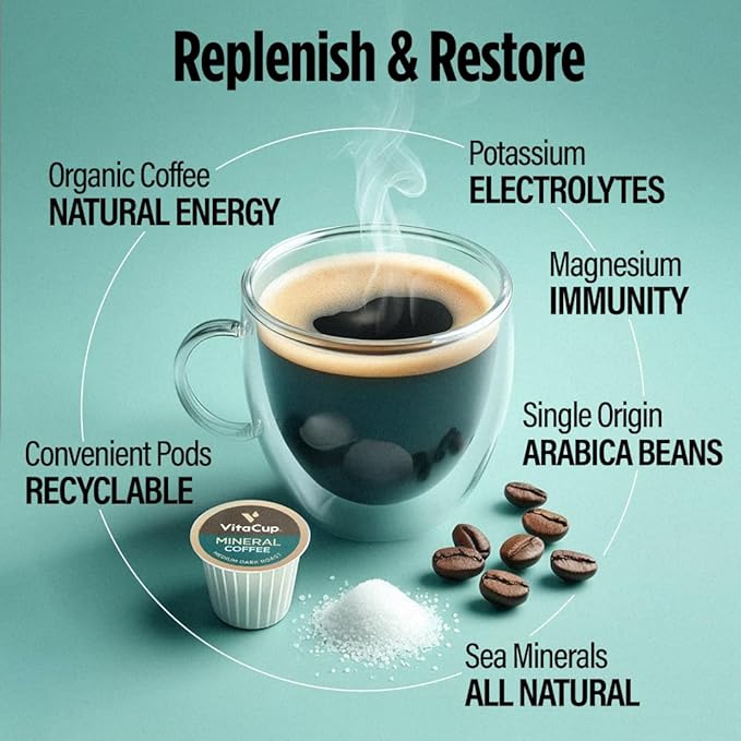 VitaCup Mineral Medium Dark Roast Coffee Pods with Electrolytes, 32ct