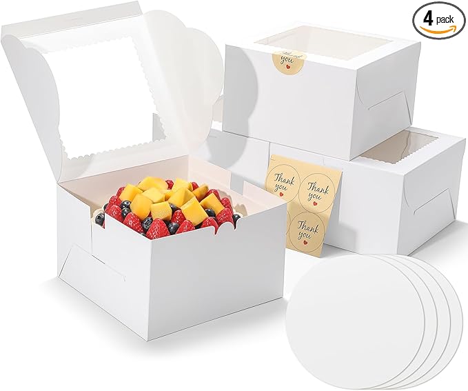 EQOREIIN 4Pack 8 inch Small Cake Boxes with Cake Board and Stickers