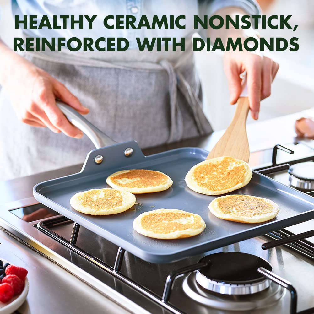 GreenPan Lima Hard Anodized 11” Square Griddle Pan, Ceramic Nonstick, PFAS-Free Nontoxic Pots and Pans, Oven & Broiler Safe, Stainless Steel Handle, Cookware for Eggs & Omelet, Gray