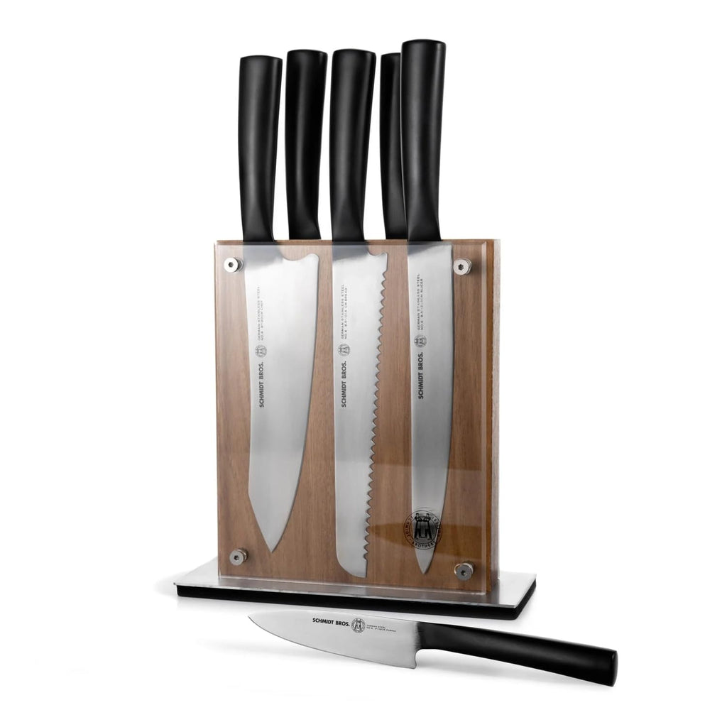 Schmidt Brothers - Carbon 6, 7-Piece Kitchen Knife Set, High-Carbon Stainless Steel Cutlery with Midtown Acacia and Acrylic Magnetic Knife Block