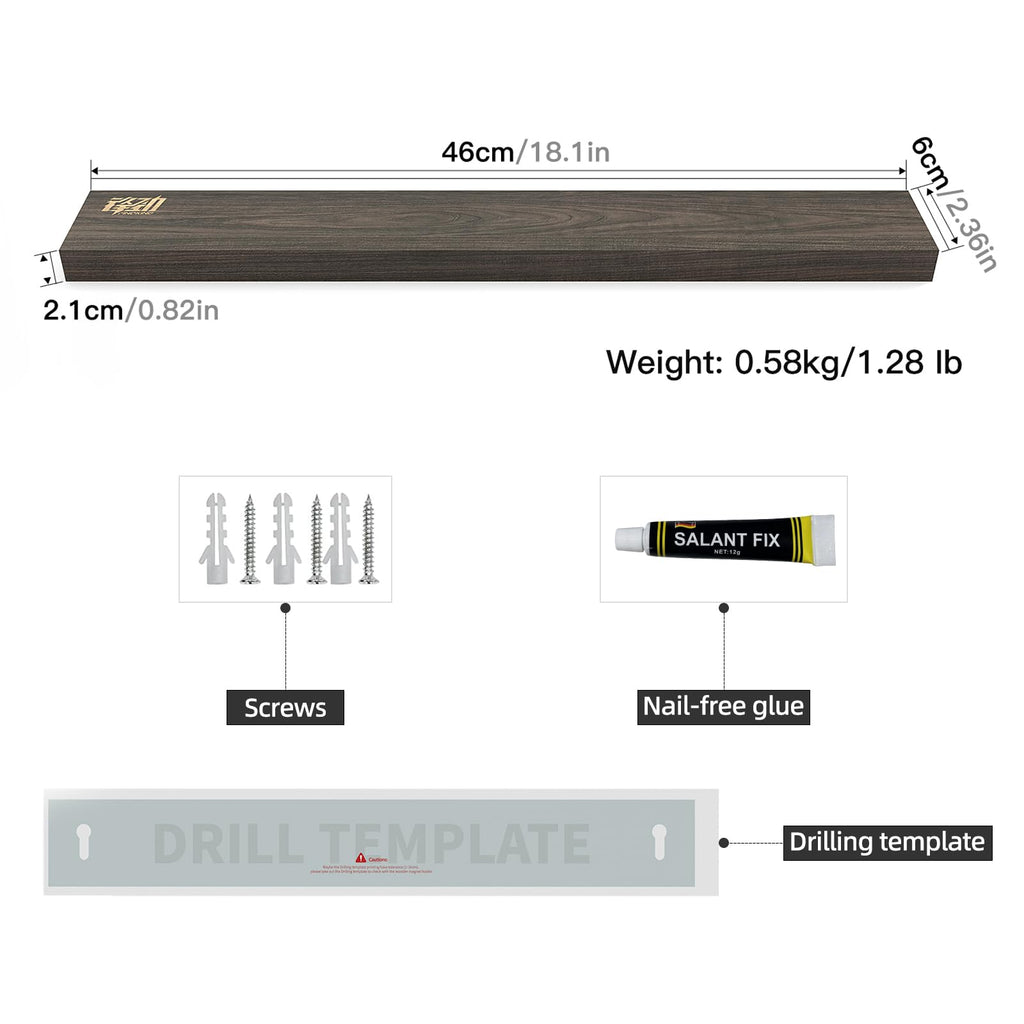 FINDKING Ash Wood Magnetic Knife Strip, Magnet Utensil Holder for Wall, Refrigerator, Wooden Rack for Kitchen Knives, No Drill (Deep Grey, 18 Inches, Without Knives)