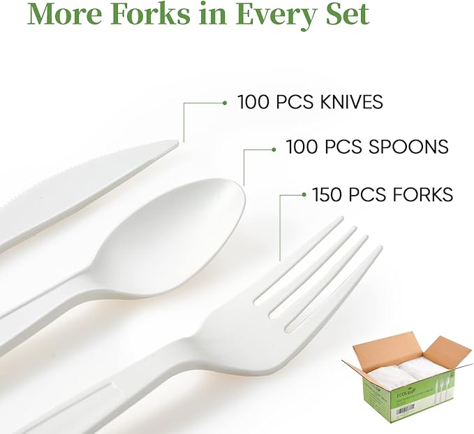ECOLipak 350 Pcs Compostable Cutlery Set 150 Forks 100 Spoons 100 Knives