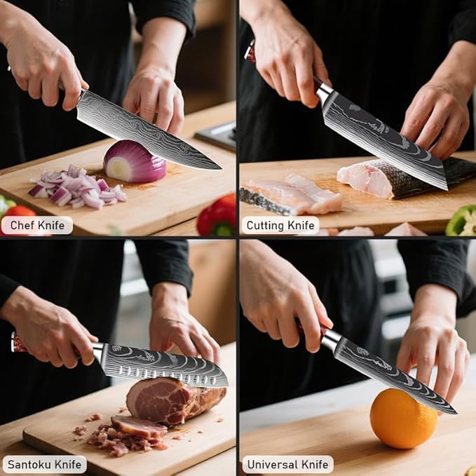 FIVE COWS 8-Piece Premium Japanese Kitchen Knife Set - Star Collection, Laser Damascus Pattern, 440A Stainless Steel Ultra Sharp for Fast Cutting (DMS-8A-Red)