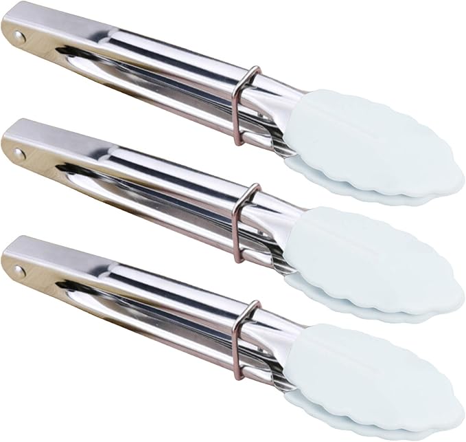 HINMAY 7-Inch Small Serving Tongs with Silicone Tips, Set of 3 (White)