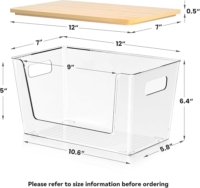 CiWiVOKi 6 Pack Clear Stackable Storage Bins with Bamboo Lids, Trash Bag Holder Dispenser Under Sink Organizer for 4-13 Gal Bags, Plastic Storage Containers for Pantry Bathroom Kitchen Organization